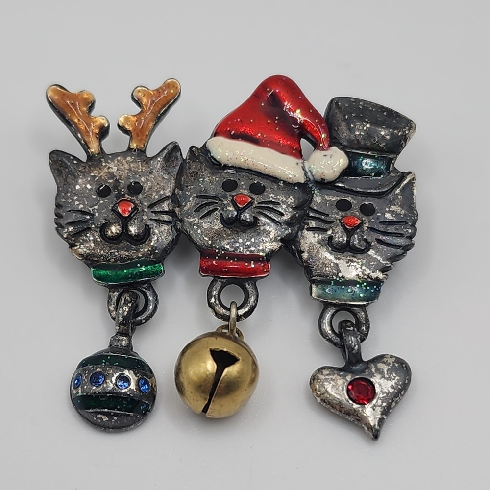 Vintage Christmas Cat Trio Signed AJMC Glitter Dangle Charm Jingle Bell Brooch